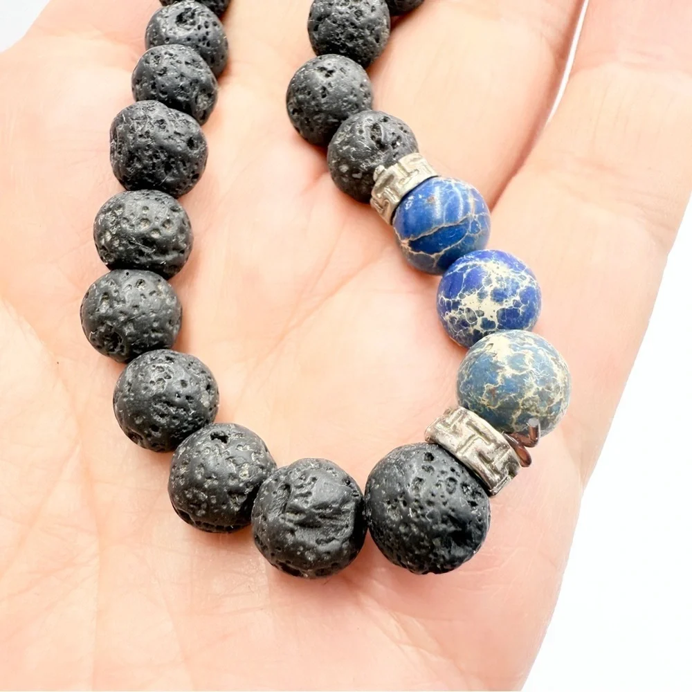 Blue Aqua Terra Jasper Black Lava Black and Blue Beaded Bracelet - Picture 4 of 10